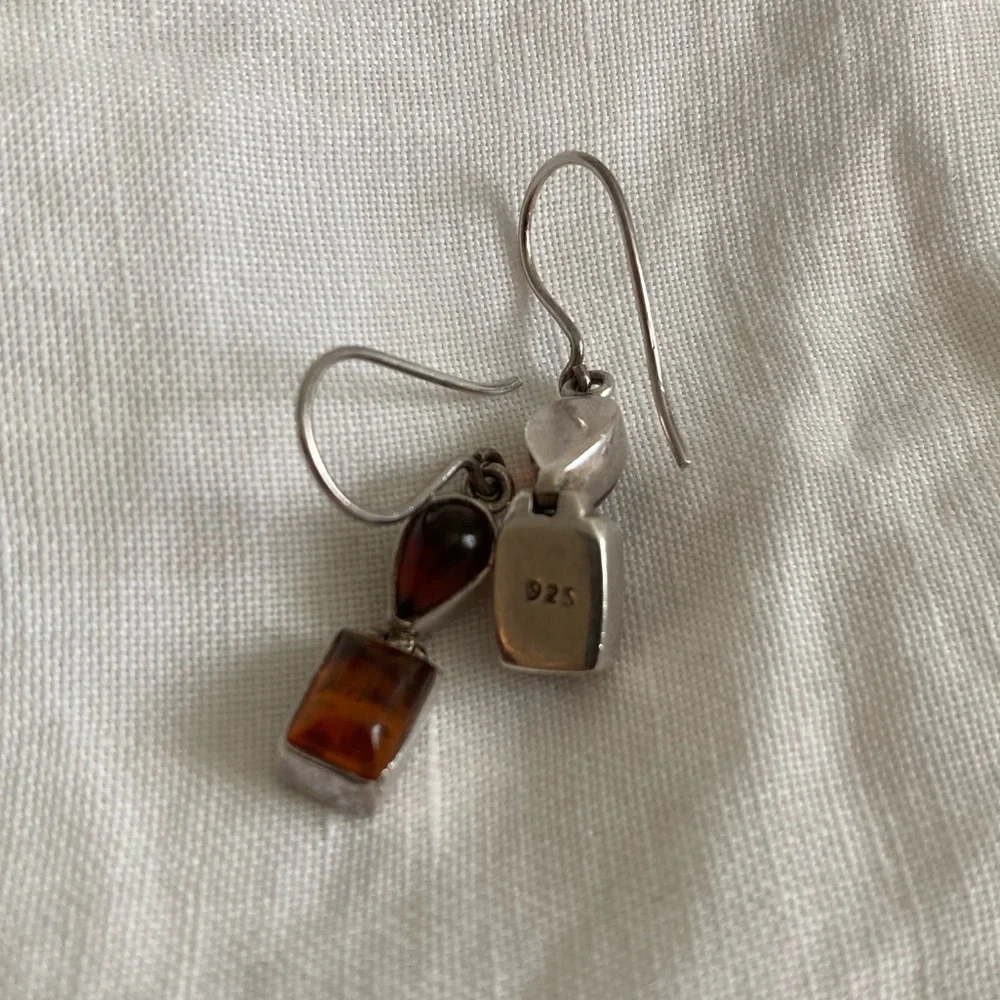 Vintage 1970s Amber Silver Rectangle Teardrop Drop Earrings